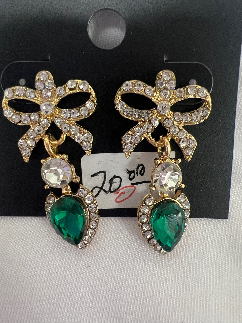Saks Fifth Avenue Gold Bow Earrings with Emerald Green and Clear Stones
